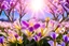 Placeholder: magic garden with freesia, purple or parma or pink flowers, parma or blue light effects colors, sun, realistic, freesia flowers around, beautiful blooming trees in spring, highly detailed, high contrast, 8k, high definition, concept art, sharp focus