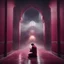 Placeholder: Hyper Realistic man praying inside a maroon wall mosque with thick fog & rainy night