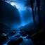 Placeholder: foggy, dark waterfall scene, night, blue, forest