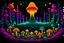 Placeholder: saturated black light colors. millions of dots art detailed mystical trippy ultra saturated neon detailed look into an old wise gnome holding mushrooms next to a fire in the glowing mushroom forest, but a hallway of mushrooms. (Retro Art Nouveau-influenced concert posters). Art deco mushroom border. DMT like entities. aliens and mythical creatures melting faces. white swirls in the blank space