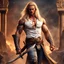 Placeholder: handsome warrior king, muscular, long blonde hair, male age 30, wearing jeans and a white shirt, tan skin, tattoos,photorealistic 4k dark fantasy