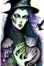 Placeholder: Friendly witch, playing with cats, perfect iris, ink and pencil, pastel colours, style H.G. Giger