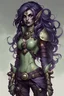 Placeholder: young, female humanoid githyanki. pale green body skin, big dark purple flowing hair, large dark black eyes, a few facial tatoos, pointed ears, dressed in steampunk and armor