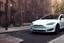 Placeholder: A Tesla 'Model S' is parked, in Greenwich Village, in Manhattan. CINEMATIC. WIDE ANGLE LENS. PHOTO REAL.