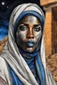 Placeholder: create an imaginative dynamic figure drawing of a Tuareg female, in traditional dress, with finely detailed facial features, in the ruins of Djado under the midnight sky, in the style of, Burne Hogarth, finely textured, drawn, colored, and inked