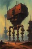 Placeholder: A rusted machine factory walking on multiple gangrenous legs, wasteland setting, spewing toxic fumes,in the style of Zvidslav Beksinski