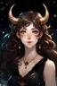 Placeholder: Anime portrait of a beautiful elf with brown curly hair, pale skin, and black eyes, super giant breasts, wearing a black dress made of stars with an hourglass necklace around her neck and short black horns on her head and elf years.