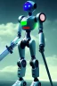 Placeholder: 2 robot, red eyes, blue hair, light sword, green light, sky, highly detailed