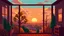 Placeholder: pixel art view thru a room of a town with trees in a fall season in a sunset