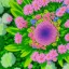 Placeholder: microphotography top-down view of a multicolored complex flower, high definition, detail, HD, 8k, realistic, 3d rendering, blender, photography, fisheye, bulge, tilt shift blur, microbiology