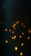 Placeholder: Candles floating on the water of a river , in the style of bosch nightmares , top view and there are trees on the river bank in romantic dark night view