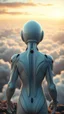 Placeholder: Photoreal Gorgeous godlike white alien cyborg rear view looking over a futuristic nuclear distraction and mashroom clouds of planet earth , in the style of fantasy movies, photorealistic, bokeh masterpiece smooth shading, ultra detailed, high resolution, cinematic, unreal 6, subtle shadows, octane render, 8k, cinema 4d, HDR, dust effect, vivid colors