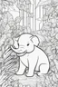 Placeholder: Stress Relief themed coloring page for adult, cartoon style, thick outline, No details, No shading, No colors, no background, black outline only, A cute jungle scene with playful animals and lush foliage for a calming escape