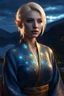 Placeholder: detailed eyes, female danish half elf, curvy, blonde short hairstyle, head to knee shot, detailed glowing ornamental magical pattern form fitting robe, glowing gem crackling with lightning implanted on robe, 8k, high detail, lake background, midnight, facing viewer, front facing