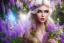 Placeholder: Fantasy cute elf with transparent wings, smiling, make up, long blond platinum hair, blue eyes, crown, beautiful dress, wisteria flowers and mushrooms in background, HQ, high key lighting, volumetric light high details