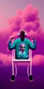 Placeholder: Snoop dogg, sitting. a chair. pink houses, pink sky, pink smoke, trees, outdoors. Groove street. 28mm