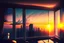 Placeholder: Utopian Future, Apartment Building, Moderate Living Room, Window, Fully Closed Window Blinds, Looking Outside, Dense Skyline, Mega City, Sunrise, Clear sky, Beautiful, Distant Clouds