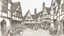 Placeholder: A Paved Courtyard, With Tudor Gothic Houses, Tall twisted Chimneys, warped Rooves, People, Shops,