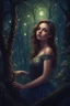 Placeholder: Painting of a dream girl in a fantasy forest, glitters in the forest background, digital painting, fantasy painting, dancing girl, song, fantasy art, fantasy girl, beautiful girl, beautiful face, 25 years old, beautiful painting, forest In the background, dark night, glitter in the background, fantasy forest, haunted forest