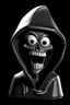 Placeholder: 1950s goofy skull face character wearing a black hooded cloak, drawn in a early animation rubber hose animation style, inside a diamond shape on a black background, monochromatic