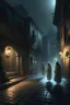 Placeholder: ghosts wandering through a dimly lit street, in an ancient city in hyperrealistic style