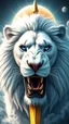 Placeholder: The face of a powerful white lion with roaring blue eyes and a large full sun and a golden sword behind its head in a beautiful and amazing view and psychedelic atmosphere.