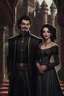 Placeholder: Strahd von Zarovich with a widow’s peak smiling, dressed in black and Ireena Kolyana frowning, wearing a wedding dress standing outside Castle Ravenloft in the illustrated style of dungeons and dragons