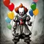 Placeholder: 50mm Cinematic intricate photograph, Pennywise the clown from IT movie, big head, (an evil bloodthirsty grin on face), ((sharp teeth)), standing, partially surrounded by balloons, creepy light and atmosphere of horror and fear around, highest details, Nima Neemz Nakhshab movie poster