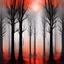 Placeholder: silhouette of tall dark trees, black, gray colors, surreal, foggy, mesh, red-gray-orange background, painted, lacy pattern melting, dreamlike scene, blurred with wet ink, masterpiece