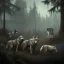 Placeholder: franz frazetta style, wolf pack in the forest clearing, night