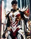 Placeholder: Stunning hyper-realistic anime illustration Powerful male protagonist dressed in striking white, red, black and gold outfit. Intricate armor with obsidian patterns with gold details emits fascinating energy. Muscular, toned physique accentuated with sleek lines and details. Futuristic cityscape background that contrasts beautifully with her bold outfit. Masterful combination of sci-fi anime aesthetics and 3D rendering