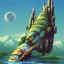 Placeholder: A fish-shaped spaceship with a crystal castle in the background by Chris foss