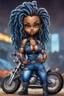 Placeholder: create an airbrush illustration of a chibi cartoon voluptuous black female wearing a blue jean outfit with biker boots. Prominent make up with hazel eyes. Extremely highly detail of a twisted dreadlocks. Background of a bike show.