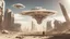 Placeholder: A small, long, sleek Spacecraft in a ruined alien city, surrounded by tall damaged buildings, clear sky, small white clouds, photorealistic