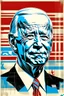 Placeholder: stylized stencil portrait of Joe biden in solid red, beige and (light and dark) blue with the mandarin character for obey overlaid on the bottom