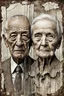 Placeholder: an old couple faces old pale brown vintage photo with crack, fault, glich technique, grey-brown, defects, graininess, white noise, lines, scratches, glitch art