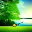 Placeholder: a beautiful green Tree with guitar leafs, in front of a lake, photorealistic