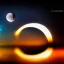 Placeholder: Two large crescent moon with shiny stars, dark, hazy, macro photography, tilt shift blur, high definition, 8k, beautiful, night sky, wind, stars, detailed warped, water droplets