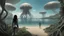 Placeholder: Detailed matte painting of a wide-angle shot of a woman, standing on the right side of an alien beach, with dark hair in a silver robotic catsuit, many large floating jellyfish with octopus tentacles, alien jungle trees in the distance