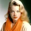 Placeholder: A photograph of childish norma jeane baker with long blond hair, hwith spiky hair, no make up, in the style of milton greene, a pale orange silk scarf around her shoulders, white bacground