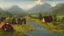 Placeholder: Looking across a torrential dangerous river to a village of new wooden houses, circular wooden church, and farm buildings, and mountains in the far distance, highly detailed, realistic, sunshine, RTX