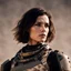 Placeholder: beautiful sexy caucasian female soldier, black metal body and limbs, visible cybernetic limbs, scratched sand camo, no armor, short brunette wavy bob haircut, dystopian, desert scene