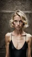 Placeholder: beautiful anorexic woman, total shot, short shiny black triathlon swimsuit, short blond wavy bob hair, blurred concrete background