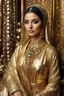 Placeholder: gorgeous photography HD ultra realistic natural skin beauty of young arabian woman hijab, dressing traditional gown beautiful, shiny hard eyes, make up, shiny baubles, ornate, large gemstones, shiny molten golden metalics, shiny ornaments flowers patterns, luxury dress,luxury jewelry diamonds background,brown hair, high definition, high res,establishing shot