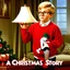 Placeholder: Movie poster for 'A Christmas Story', blonde boy Ralphie wearing an ugly red Christmas sweater and thick lens glasses, Ralphie is looking at a lamp with a lamp stem shaped like a woman's leg in a fishnet stocking, humorous, nostalgic, 1950's aesthetic, background is a living room