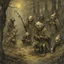 Placeholder: Goblins robbing a travelling medieval merchant in woods at stone bridge, kinetic dramatic horror art, sinister, by Jean Baptiste Monge, by Stephen Gammell, by Brian Froud, eerie dark colors, hyperdetailed, rough matte oil painting