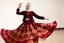 Placeholder: Medium shot of an Azeri woman dancing in a traditional “Arkhalig” velvet jacket and a long, flowing “Tuman” skirt embroidered with gold “Buta” patterns. She wears a “Gümüş Kemer” (silver belt) and a “Ruband” silk headscarf held by a gold “Tiara.” Her hands are performing “Şana” (comb-like) finger movements. She spins slowly, the heavy fabric of her dress billowing outward in a controlled, elegant circle.