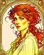 Placeholder: Tile hair, flaming lips, eyes seeking eternity, leader of the witch community, coppery tresses tumbled about her face, tremendous facial anatomy, meaningful beautiful brown eyes, wavy purplish hair, one third rule, trending on top of Art station, by Alphonse Mucha"