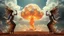 Placeholder: a nuclear explosion cloud(middle) with the wind and smoke(left and right sides) forming seductive dancing women