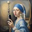 Placeholder: Satire of "Girl with a pearl earring" painting, fantastical representation of girl with a pearl earring who is taking a selfie with a cell phone on a selfie stick, surreal, impressionism